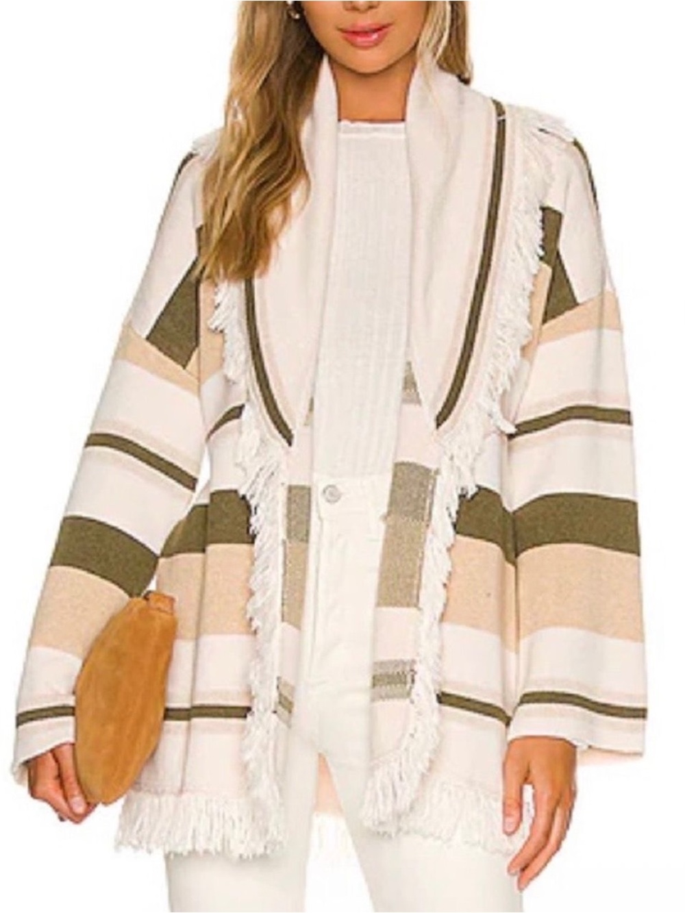 TULAROSA Atlas Blanket Stripe Fringe Cardigan in Neutral Stripe size XS